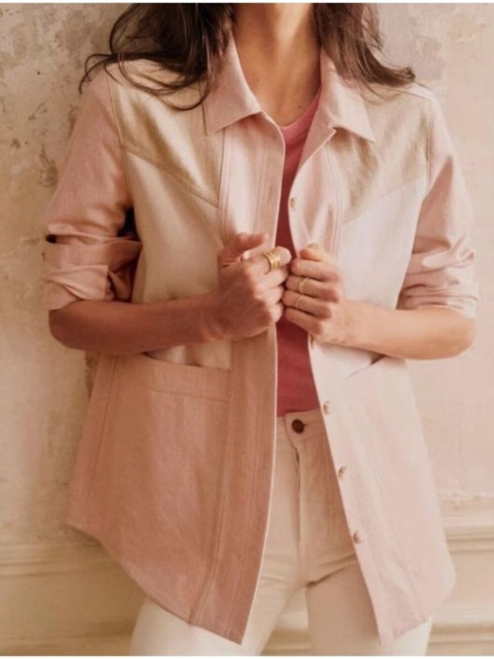 Sezane Jacket Womens XXS Will Denim Chore Coat Patchwork Ecru Pink Beige BUST34